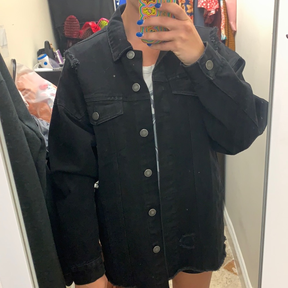 Forever21 oversized black frayed jean jacket; S